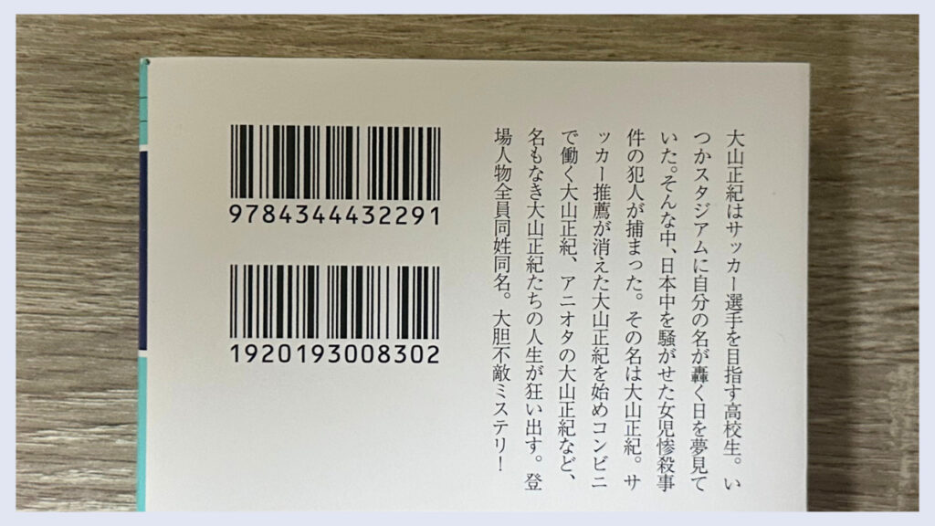 実際の「同姓同名」の裏表紙に描かれたあらすじの画像